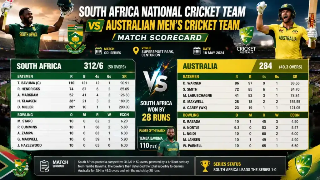 south africa national cricket team vs australian men’s cricket team match scorecard