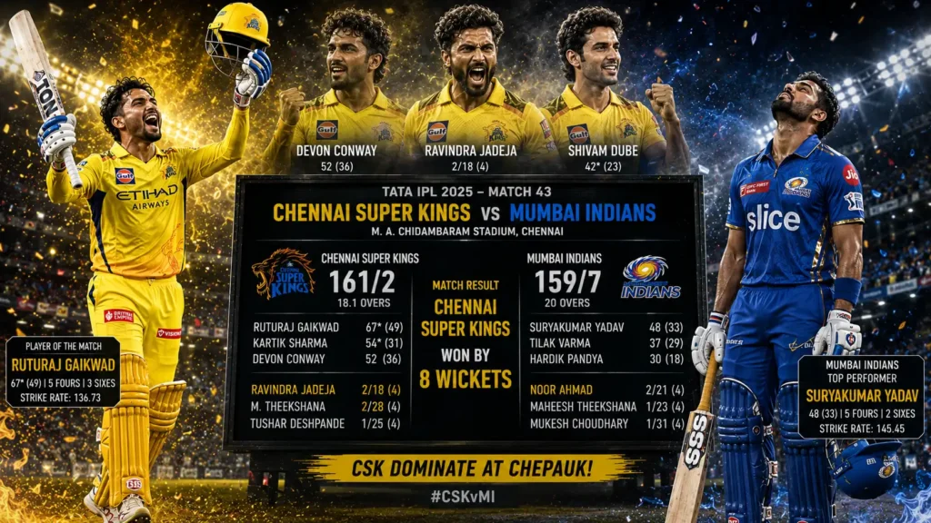 Chennai Super Kings vs Mumbai Indians Match Scorecard: CSK Win by 8 Wickets at Chepauk Chennai Super Kings vs Mumbai Indians Match Scorecard