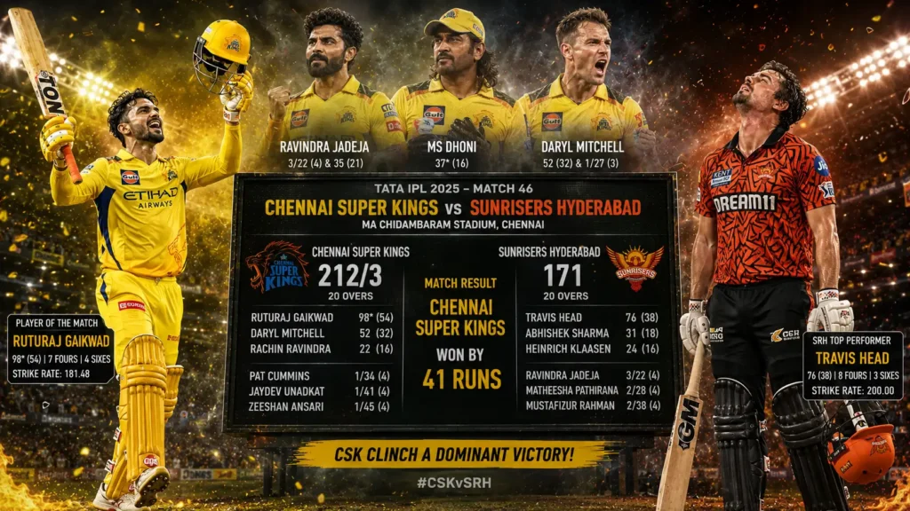 Chennai Super Kings vs Sunrisers Hyderabad Match Scorecard: Full Report, Playing XI & Head-to-Head The Chennai Super Kings vs Sunrisers Hyderabad Match Scorecard