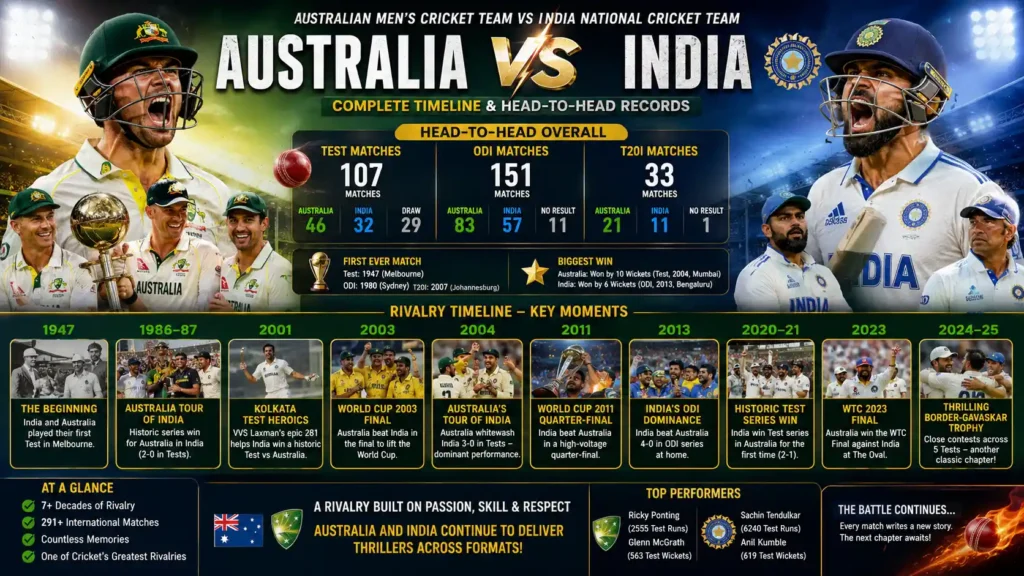 australian men’s cricket team vs india national cricket team timeline