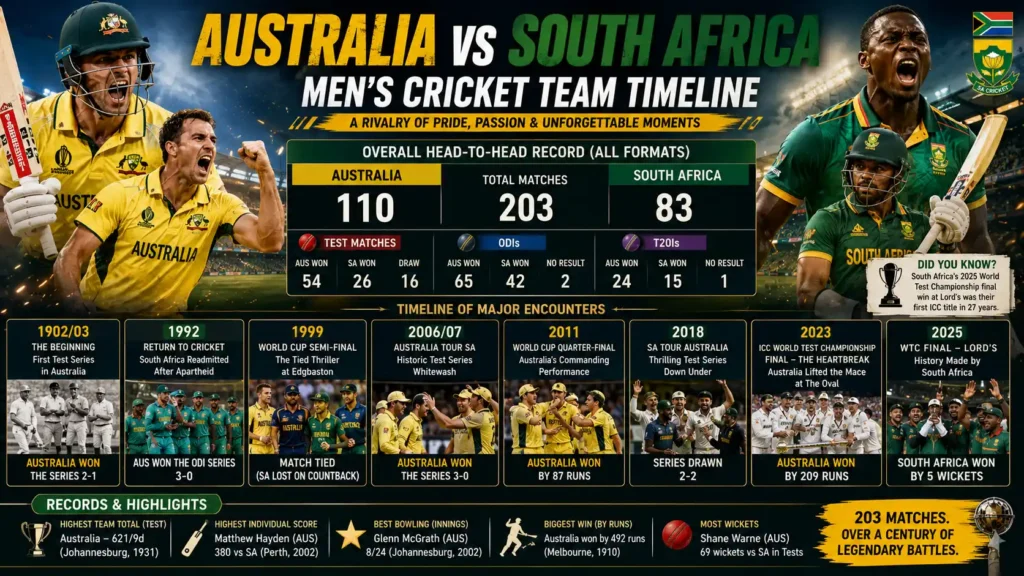 australian men’s cricket team vs south africa national cricket team timeline