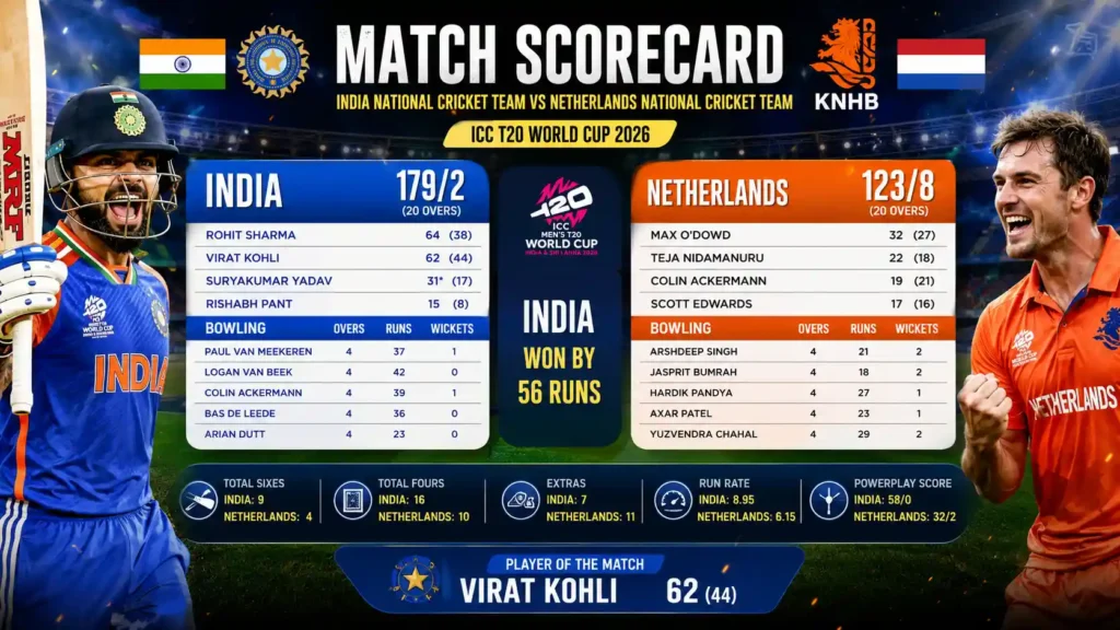india national cricket team vs netherlands national cricket team match scorecard