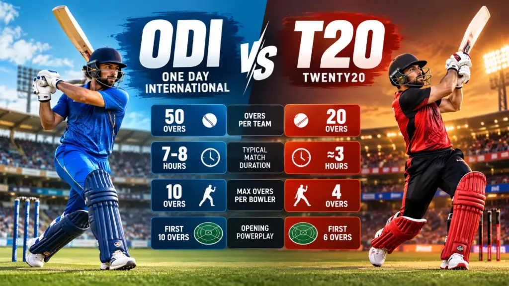 Difference Between ODI and T20 Cricket: Rules, Overs, and Match Duration difference between ODI and T20